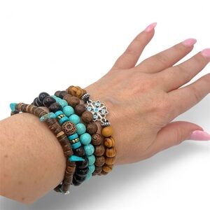 Handmade wooden beads stretch bracelets Set of 5, NEW!